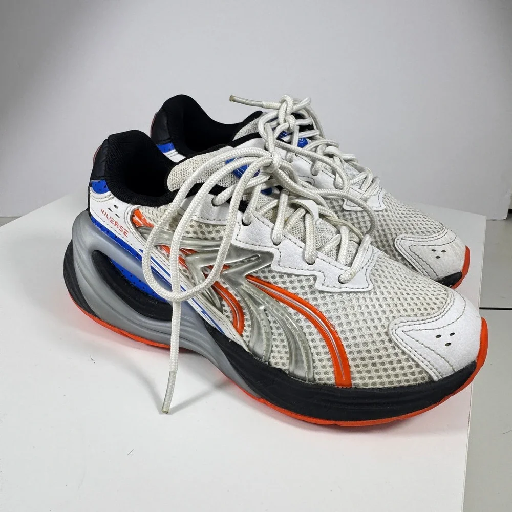 Puma Inverse Sneakers Kids Size 1C White Blue Orange 404254-01 Chunky Mesh Shoes